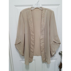 Vintage Brown Women Kimono Coat Blazer Shimmering Details Slit Bell Sleeves